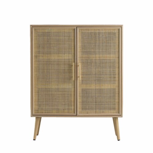Dana 40 Inch Storage Cabinet, Wood Frame, 2 Shelves, 2 Rattan Doors, Brown, Saltoro Sherpi Perspective: back