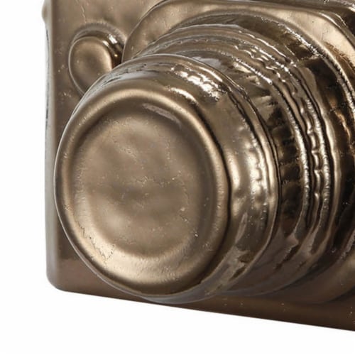 6 Inch Decorative Camera Table Top Accent, Distressed Gold Finish Ceramic, Saltoro Sherpi Perspective: back