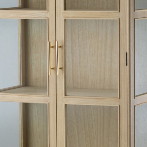 Dana 63 Inch Tall Cabinet, 2 Glass Doors, 1 Drawer, Natural Pine Wood- Saltoro Sherpi Perspective: back