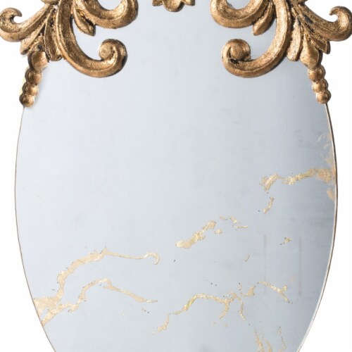 Vic 26 Inch Oval Wall Mirror, Ornate Scrolled Wood Frame, Gold Finish- Saltoro Sherpi Perspective: back