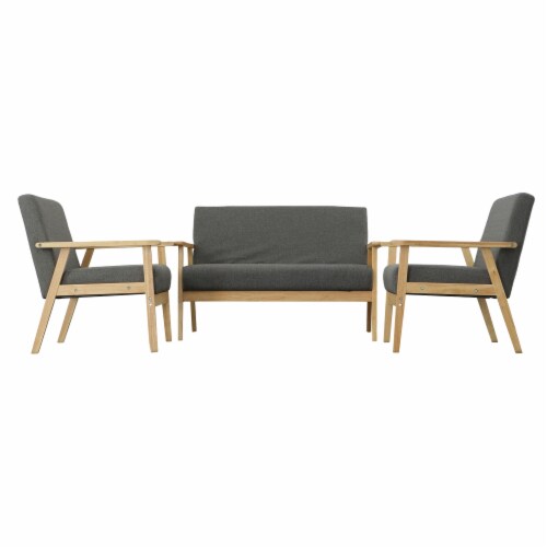 Gala 3 Piece Loveseat and Chair Set, Gray Fabric, Brown Wood Frame