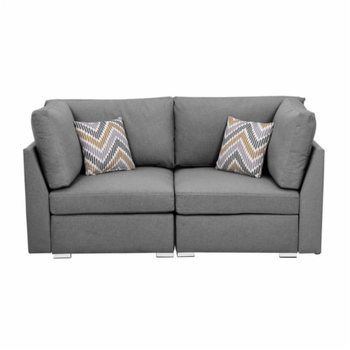 Niyam 67 Inch Loveseat Couch with Padded Seats and 2 Accent Pillows, Gray- Saltoro Sherpi Perspective: back