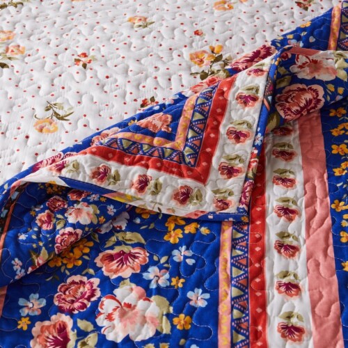 Pico 60 Inch Throw Blanket, Polka Dots and Blue Flowers, Blue Microfiber- Saltoro Sherpi Perspective: back