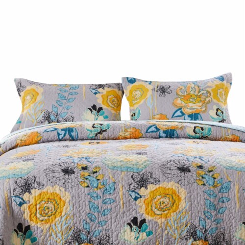Minsk 20 x 36 King Size Pillow Sham, Yellow Flowers, Gray Cotton Fabric- Saltoro Sherpi Perspective: back