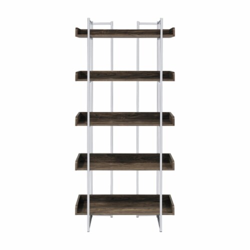 Pam 70 Inch Bookcase, 5 Wood Shelves with Raised Edges, Chrome Metal Frame- Saltoro Sherpi Perspective: back