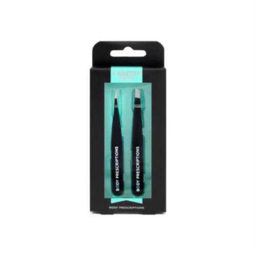 Body Prescriptions 2 Pack Black Soft Touch Tweezer Set in Black and Teal Box Perspective: back