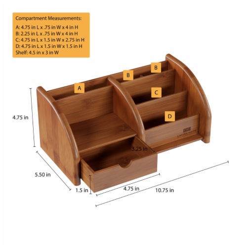 5 Compartment Bamboo Desk Organizer - Wooden Office Supply Storage Accessory with Drawers and Perspective: back