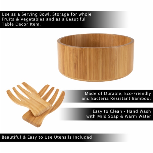 Bamboo Salad Bowl with Utensils – FDA Certified Modern Round Wooden Dinnerware Serving Fruit Perspective: back