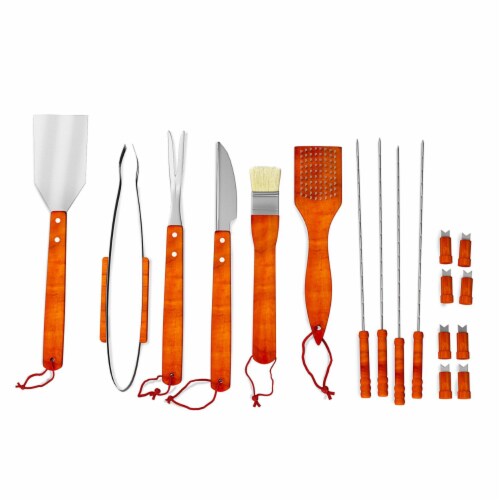 Wood BBQ Grill Tool Set- 18 Pc Stainless Steel Barbecue Accessories with Wooden Handles and Perspective: back