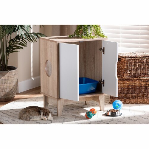 Baxton Studio Romy Oak White Finished 2 Door Wood Cat Cover House