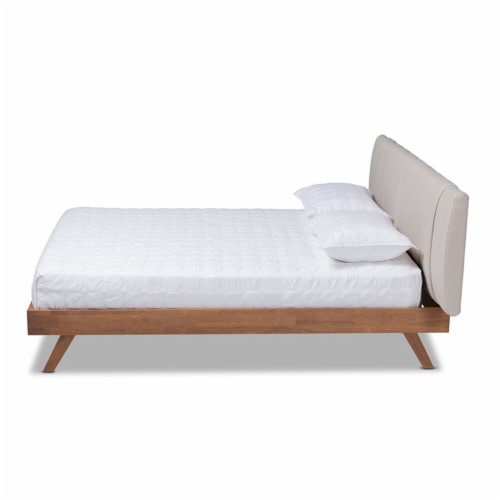 Baxton Studio Brita Upholstered Platform Queen Bed in Light Beige and Walnut Perspective: back