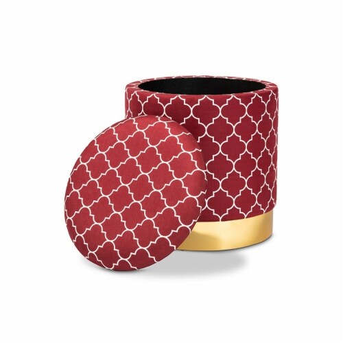 Serra Glam and Luxe Red Quatrefoil Velvet Fabric Upholstered Gold Finished Metal Storage Perspective: back