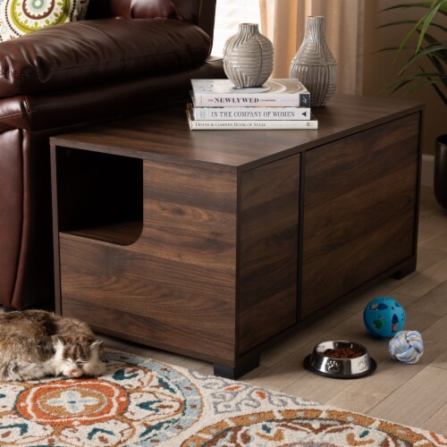 Baxton Studio Connor Walnut Brown Finished 2-Door Cat Litter Box Cover House Perspective: back