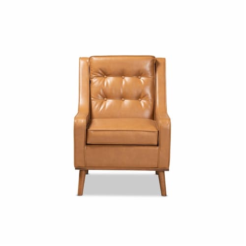 Baxton Studio Daley Tan Faux Leather Walnut Brown Finished Wood Lounge Armchair Perspective: back