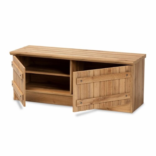 Oswald Modern and Contemporary Farmhouse Natural Oak Brown Finished Wood 2-Door Storage Bench Perspective: back