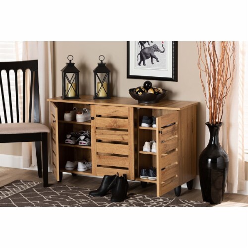 Baxton Studio Gisela Modern and Contemporary Oak Brown Finished Wood 3-Door Shoe Storage Perspective: back