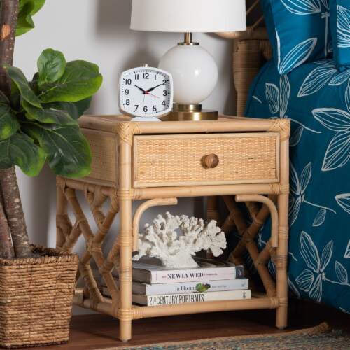 Baxton Studio Camara Modern Bohemian Natural Brown Rattan 1-Drawer Nightstand Perspective: back