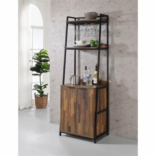 Furniture of America Bimme Rustic Metal 4-Shelf Wine Cabinet in Oak and Black Perspective: back