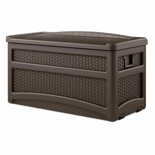 Suncast 73 Gallon Deck Box & Wicker Trash Hideaway Outdoor Garbage Bin, Java Perspective: back