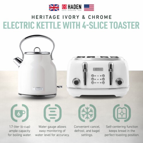 Haden Heritage 1.7 Liter Electric Tea Kettle & 4 Slice Wide Slot Toaster, White Perspective: back