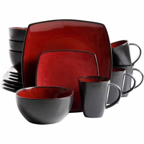 Gibson Soho Lounge 16 Piece Red Glazed Dinnerware Plates, Bowls, & Mugs (2 Pack) Perspective: back