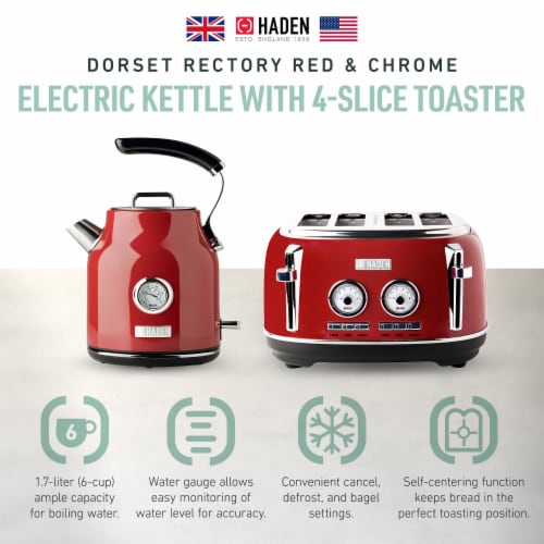 Haden Dorset 1.7 Liter Cordless Electric Kettle and 4 Slice Bread Toaster Red 2 Piece Foods Co