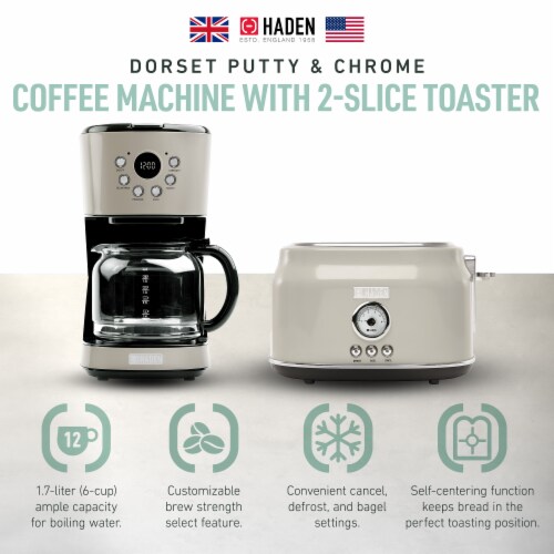 Haden 12 Cup Coffee Maker & Dorset 2 Slice Wide Slot Toaster, Putty & Chrome Perspective: back