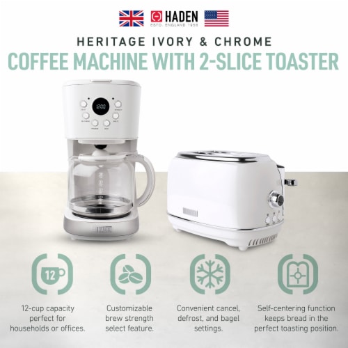 Haden 12 Cup Coffee Maker with 2 Slice Wide Stainless Steel Bread Toaster, White Perspective: back