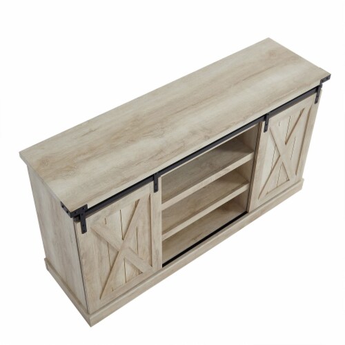 Edyo Living Rustic Farmhouse TV Stand Table with Sliding Barn Doors, White Oak Perspective: back