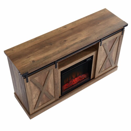 Edyo Living Electric Fireplace TV Stand Table with Sliding Barn Door, Rustic Oak Perspective: back