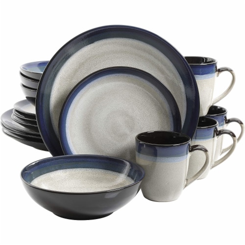 Gibson Elite Couture Band Glazed Stoneware 16 Pc Dinnerware Set, Blue (2 Pack) Perspective: back