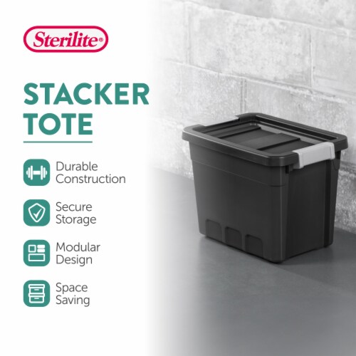 Sterilite 7.5 Gal Rugged Industrial Storage Totes w/ Latch Lids, Black (18 Pack) Perspective: back