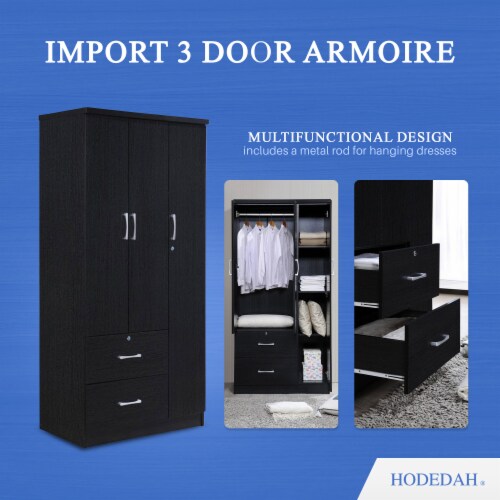 Hodedah Import 3 Door Armoire with Clothing Rod, Shelves, and 2 Drawers, Black Perspective: back