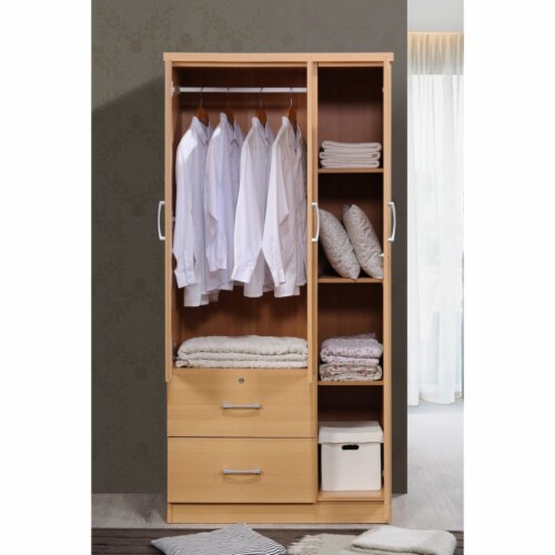 Hodedah Import 3 Door Armoire with Clothing Rod Shelves and 2 Drawers Beech 2 Piece Foods Co