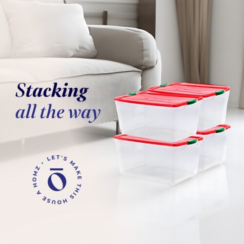Homz 64 Qt Secure Latch Clear Plastic Storage Container Bin w/ Red Lid, 4 Pack Perspective: back
