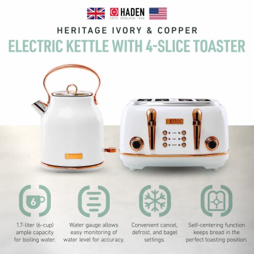 Haden Heritage 4 Slice Wide Slot Toaster Electric Water Kettle Ivory Copper 2 Piece Foods Co