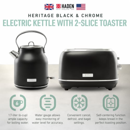 Haden Heritage 2 Slice Wide Slot Toaster Electric Water Kettle Black Chrome 2 Piece QFC