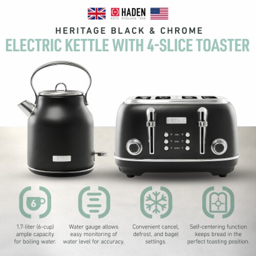 Haden Heritage 4 Slice Wide Slot Toaster Electric Water Kettle Black Chrome 2 Piece Foods Co