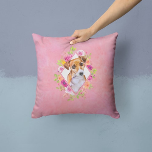 Jack Russell Terrier #1 Pink Flowers Fabric Decorative Pillow Perspective: back