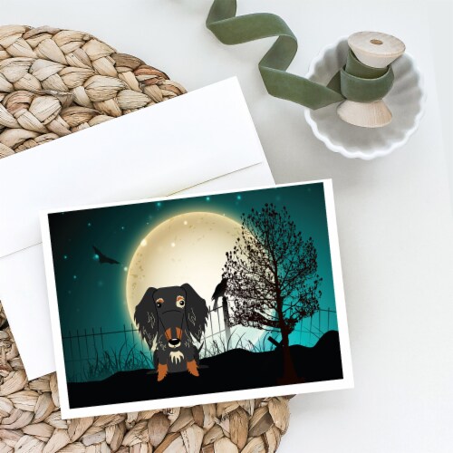 Halloween Scary Wire Haired Dachshund Dapple Greeting Cards and Envelopes Pack o Perspective: back