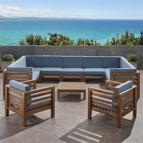 Noble House Oana Outdoor 11 Seater Acacia Wood Sectional Sofa Set