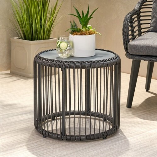 Noble House Pabrico Outdoor Tempered Glass Top Wicker Side Table in Gray Perspective: back
