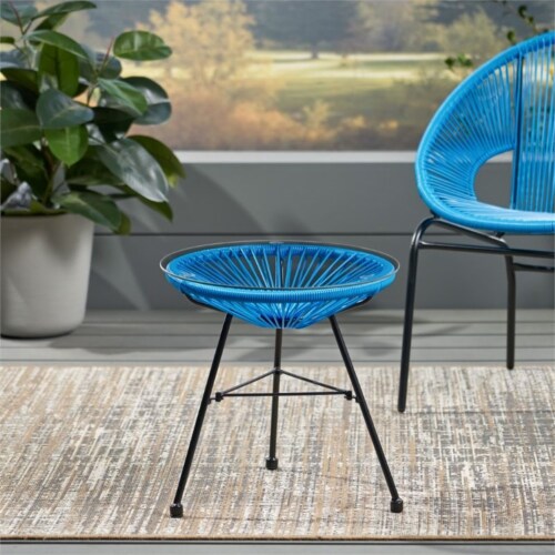 Noble House Nusa Outdoor Tempered Glass Top Faux Rattan Side Table in Blue Perspective: back