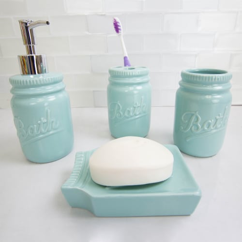 Home Basics 4 Piece Dolomite Mason Jar Bath Set, Mint Perspective: back