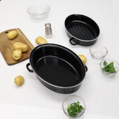 Home Basics Deep Oval Natural Non-Stick 12” Enameled Carbon Steel Roaster Pan with Lid, Black Perspective: back