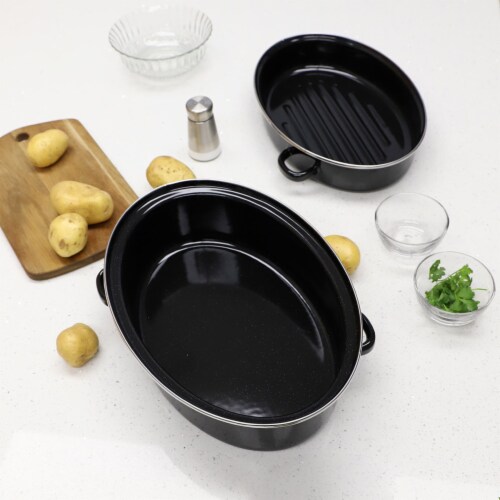 Home Basics Deep Oval Natural Non-Stick 14” Enameled Carbon Steel Roaster Pan with Lid, Black Perspective: back