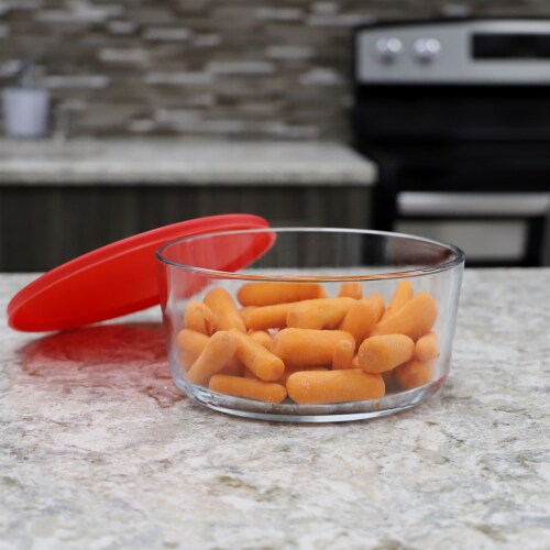 Home Basics Round 55 oz. Borosilicate Glass Food Storage Container with Red Lid Perspective: back