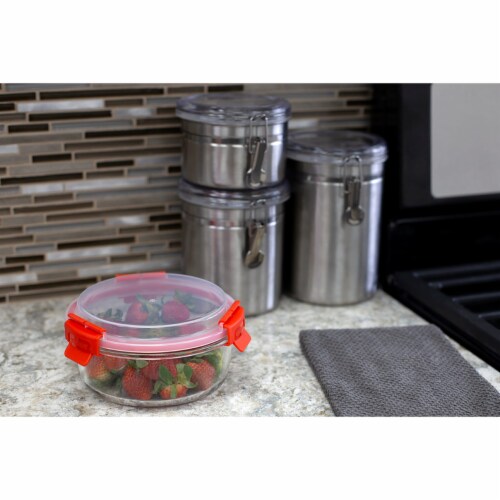 Home Basics Leak Proof 32  oz. Round  Borosilicate Glass Food Storage Container, Red Perspective: back