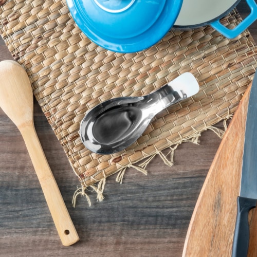 Home Basics No-Drip Curved Counter top and Stove top Stainless Steel Spoon Rest , Silver Perspective: back