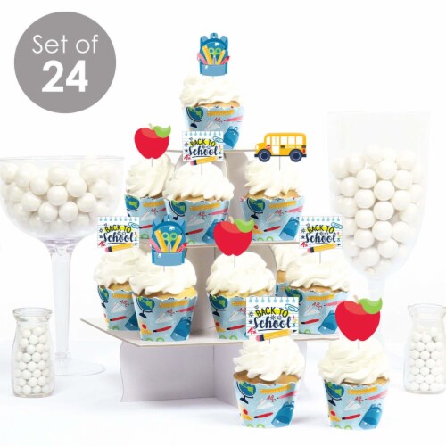 Big Dot of Happiness Back to School Decor 1st Day Cupcake Wrappers & Treat Picks Kit 24 Ct Perspective: back